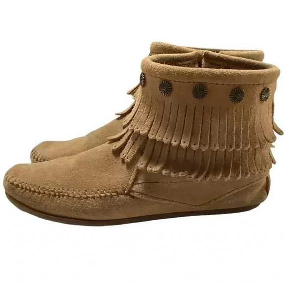 Minnetonka Hi Top Boots Womens 7 Brown Suede Double Fringe Side Zip Moccasin - Picture 8 of 11